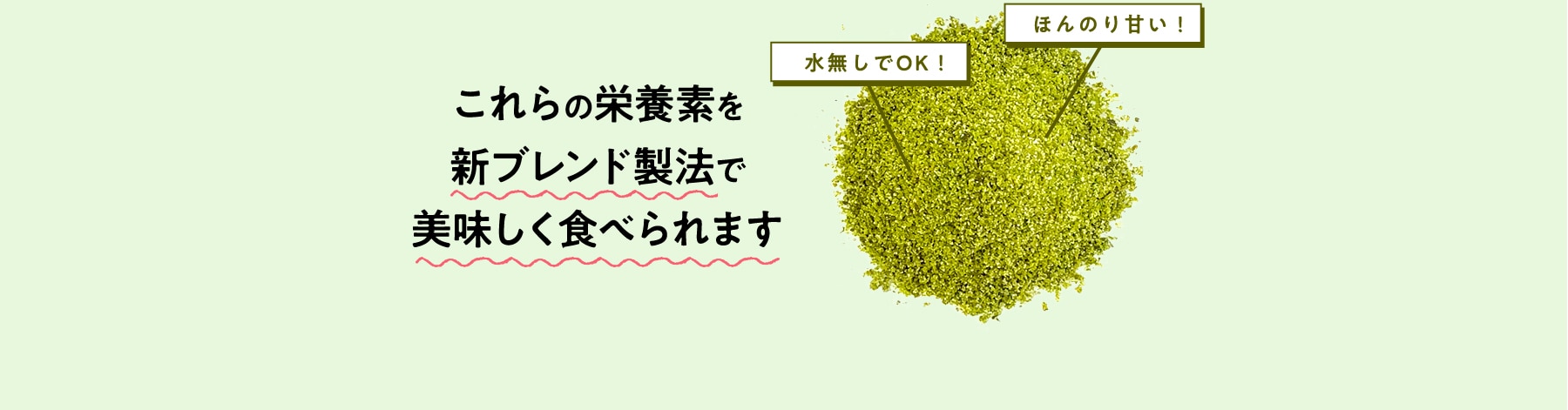 これらの栄養素を新ブレンド製法で美味しく食べられます 水無しでOK!ほんのり甘い!