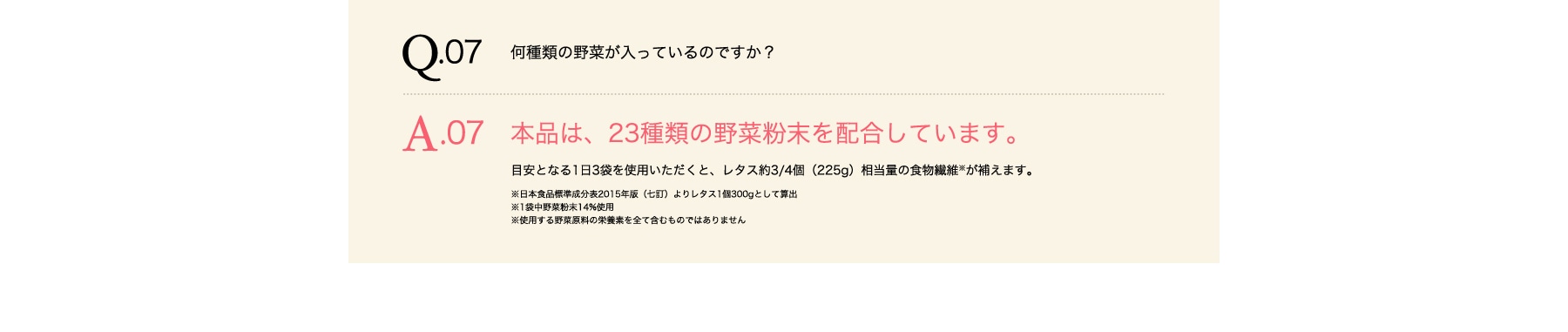 Q07 どれくらいの野菜成分が補えますか? A07 本品は、23種類の野菜粉末を配合しており、これらの野菜に含まれる成分を補えます。目安となる1日3袋を使用いただくと、レタス約3/4個(225g)相当量の食物繊維※が補えますので、手軽な野菜不足解消としてお役立てください。※日本食品標準成分表2015年版(七訂)よりレタス1個300gとして算出