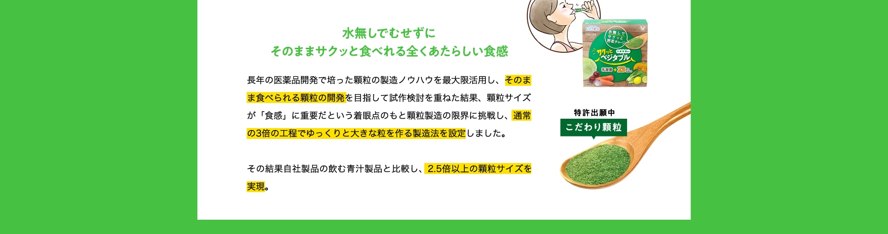 水無しでむせずにそのままサクッと食べれる全くあたらしい食感 こだわり顆粒 特許出願中 長年の医薬品開発で培った顆粒の製造ノウハウを最大限活用し、そのまま食べられる顆粒の開発を目指して試作検討を重ねた結果、顆粒サイズが「食感」に重要だという着眼点のもと顆粒製造の限界に挑戦し、通常の3倍の工程でゆっくりと大きな粒を作る製造法を設定しました。その結果自社製品の飲む青汁製品と比較し、2.5倍以上の顆粒サイズを実現。