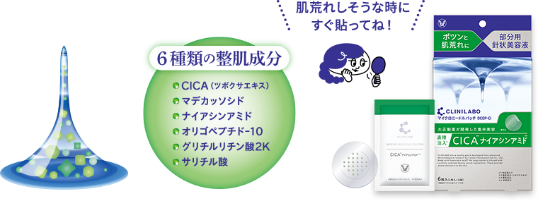 肌荒れしそうな時にすぐ貼ってね！ 6種類の整肌成分 CICA(ツボクサエキス)、マデカッソシド、ナイアシンアミド、オリゴペプチド-10、グリチルリチン酸2K、サリチル酸