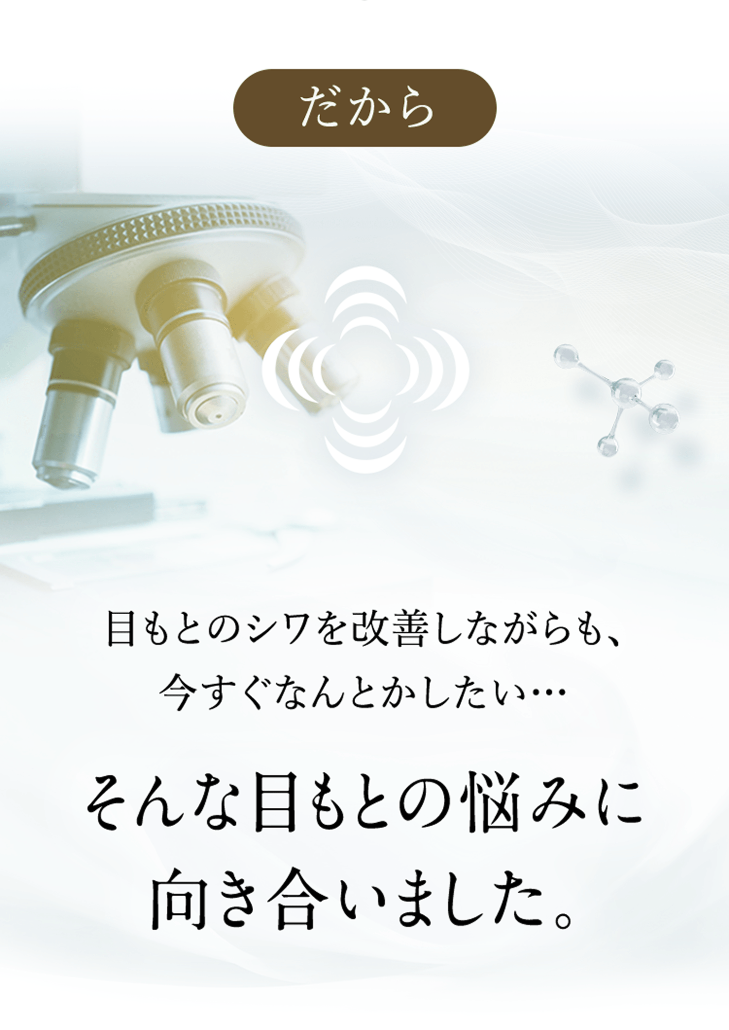 だから目もとのシワを改善しながらも、今すぐなんとかしたい... そんな目もとの悩みに向き合いました。