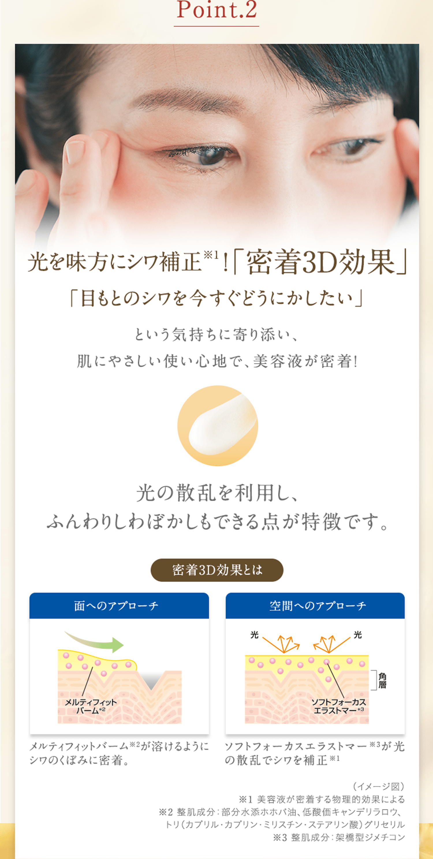 Point.2 光を味方にシワ補正※1! 「密着3D効果」「目もとのシワを今すぐどうにかしたい」という気持ちに寄り添い、肌にやさしい使い心地で、美容液が密着!光の散乱を利用し、ふんわりしわぼかしもできる点が特徴です。 密着3D効果とはメルティフィットバーム※2が溶けるようにシワのくぼみに密着。 ソフトフォーカスエラストマー※3が光の散乱でシワを補正※1（イメージ図）※1 美容液が密着する物理的効果による※2 整肌成分：部分水添ホホバ油、低酸価キャンデリラロウ、 トリ(カプリル・カプリン・ミリスチン・ステアリン酸)グリセリル※3 整肌成分：架橋型ジメチコン