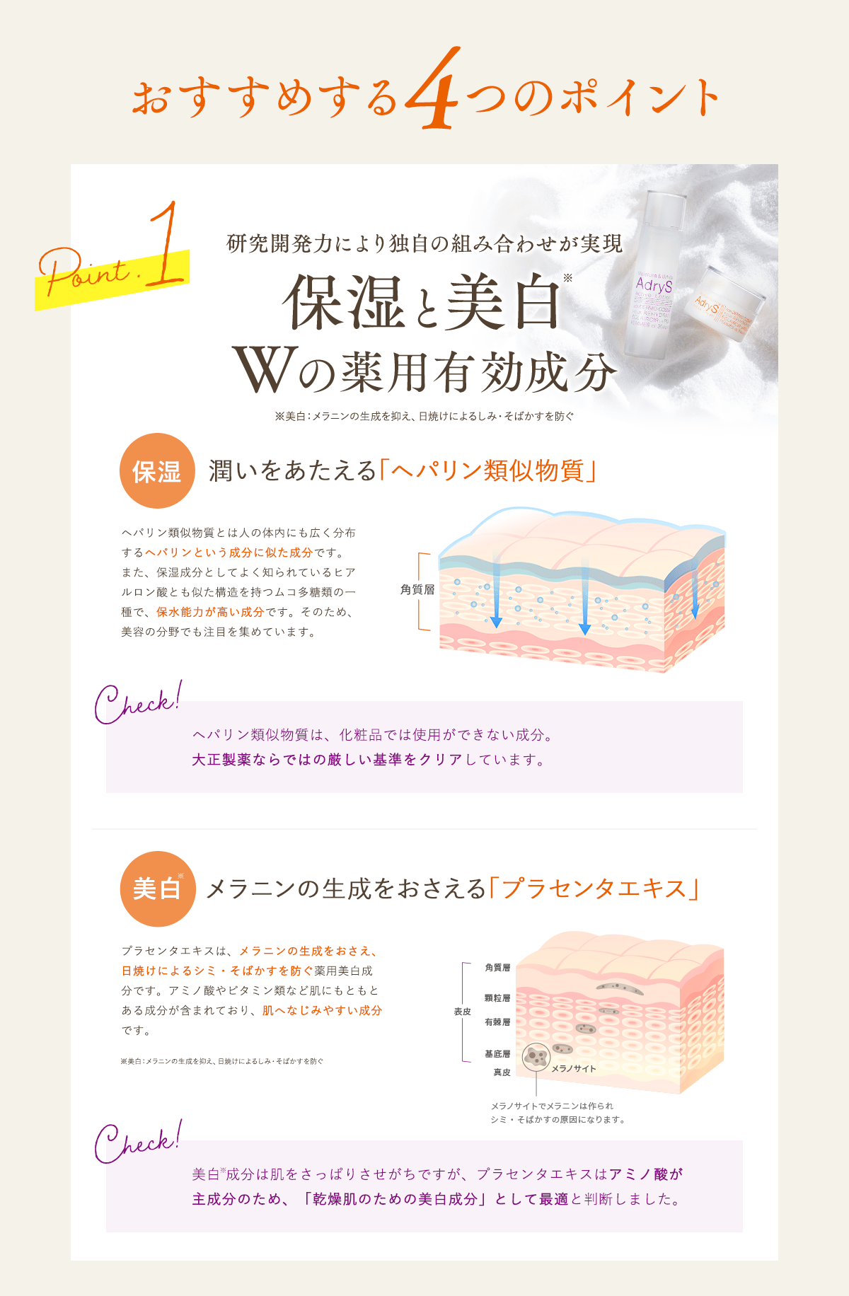 おすすめする4つのポイント Point1研究開発力により独自の組み合わせが実現保湿と美白Wの薬用有効成分※美白:メラニンの生成を抑え、日焼けによるしみ・そばかすを防ぐ 保湿潤いをあたえる「ヘパリン類似物質」 ヘパリン類似物質とは人の体内にも広く分布するヘパリンという成分に似た成分です。また、保湿成分としてよく知られているヒアルロン酸とも似た構造を持つムコ多糖類の一種で、保水能力が高い成分です。そのため、美容の分野でも注目を集めています。Check!ヘパリン類似物質は、化粧品では使用ができない成分。大正製薬ならではの厳しい基準をクリアしています。美白※メラニンの生成をおさえる「プラセンタエキス」プラセンタエキスは、メラニンの生成をおさえ、日焼けによるシミ・そばかすを防ぐ薬用美白成分です。アミノ酸やビタミン類など肌にもともとある成分が含まれており、肌へなじみやすい成分です。※美白:メラニンの生成を抑え、日焼けによるしみ・そばかすを防ぐ Check!美白 成分は肌をさっぱりさせがちですが、プラセンタエキスはアミノ酸が主成分のため、「乾燥肌のための美白成分」として最適と判断しました。
