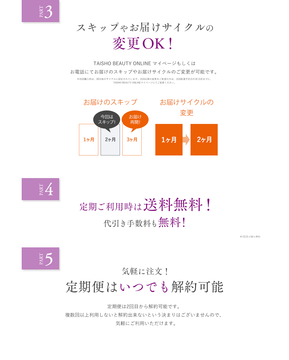 スキップやお届けサイクルの変更OK!TAISHO BEAUTY ONLINE マイページもしくはお電話にてお届けのスキップやお届けサイクルのご変更が可能です。※初回購入時は、30日毎のサイクルに設定されています。次回以降の変更をご希望の方は、次回配達予定日の10 日前までに、TAISHO BEAUTY ONLINEマイページにてご変更ください。定期ご利用時は送料無料!代引き手数料も無料!気軽に注文!定期便はいつでも解約可能定期便は2回目から解約可能です。複数回以上利用しないと解約出来ないという決まりはございませんので、気軽にご利用いただけます。