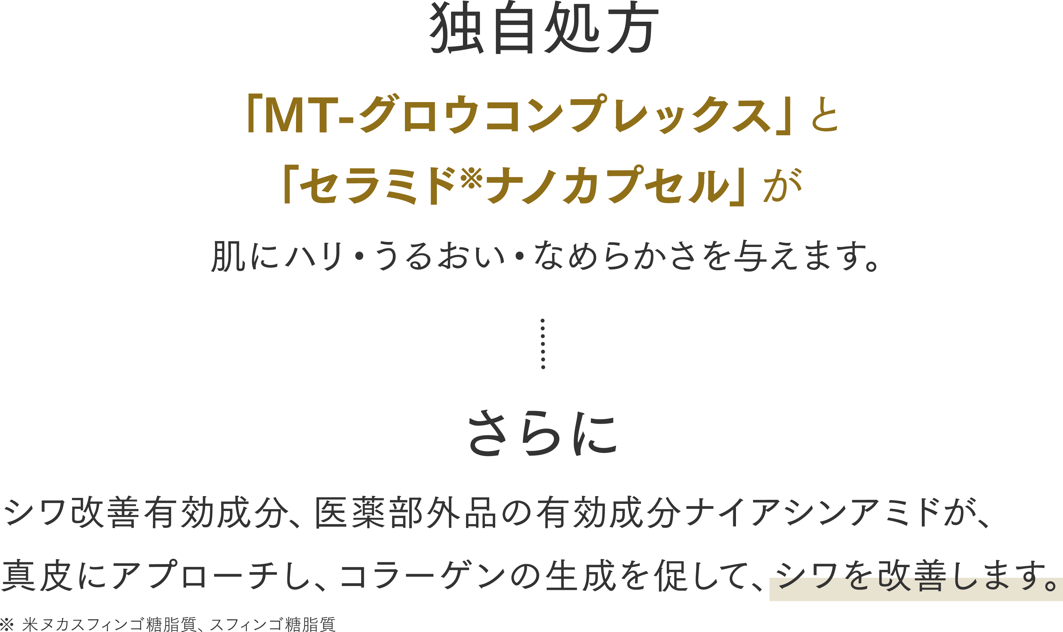 独自処方 「MT-グロウコンプレックス」と「セラミド※ナノカプセル」が肌にハリ・うるおい・なめらかさを与えます。さらにシワ改善有効成分、医薬部外品の有効成分ナイアシンアミドが、 真皮にアプローチし、コラーゲンの生成を促して、シワを改善します。※ 米ヌカスフィンゴ糖脂質、スフィンゴ糖脂質