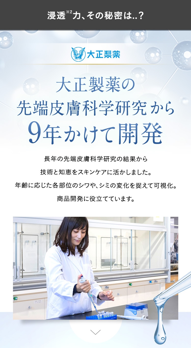 浸透※2力、その秘密は..？ 大正製薬 大正製薬の先端皮膚科学研究から 9年かけて開発 長年の先端皮膚科学研究の結果から
        技術と知恵をスキンケアに活かしました。年齢に応じた各部位のシワや、シミの変化を捉えて可視化。商品開発に役立てています。