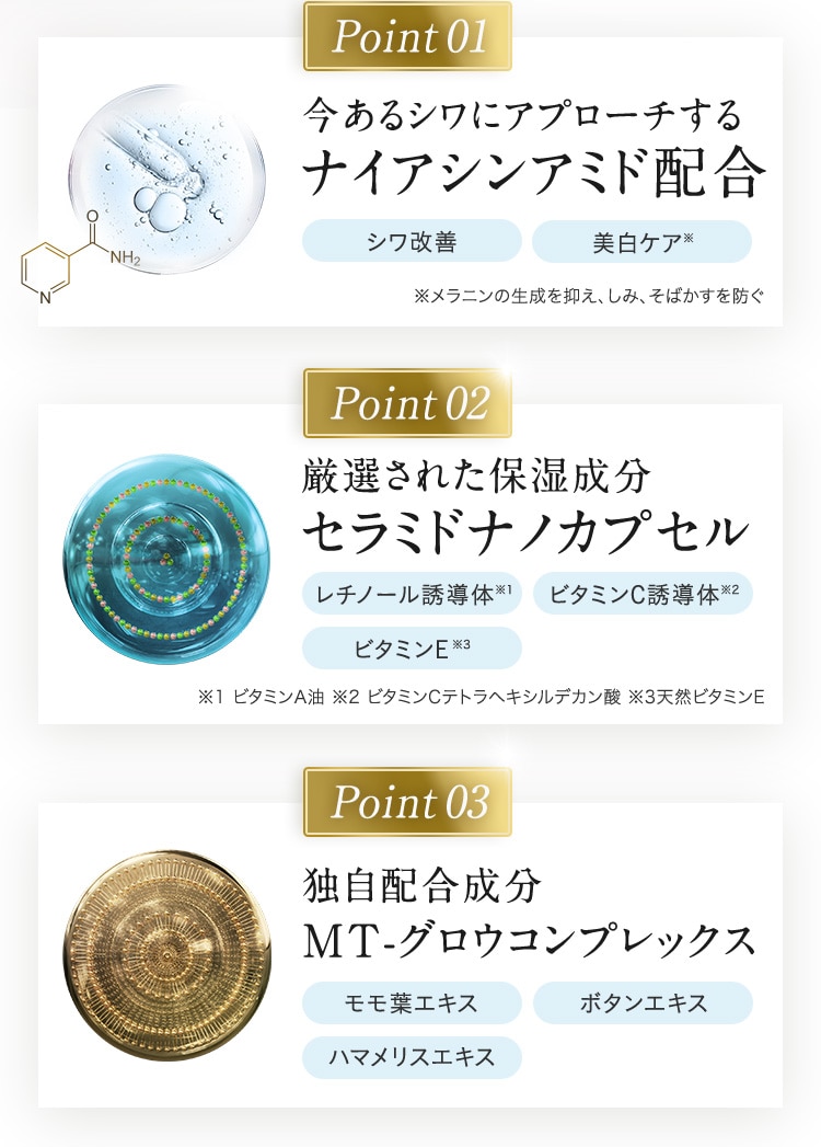 Point01 今あるシワにアプローチするナイアシンアミド配合 シワ改善 美白ケア※ ※メラニンの生成を抑え、しみ、そばかすを防ぐ Point02 厳選された保湿成分セラミドナノカプセル レチノール誘導体※1 ビタミンC誘導体※2 ビタミンE※3 ※1 ビタミンA油 ※2 ビタミンCテトラヘキシルデカン酸 ※3天然ビタミンE Point03 独自配合成分MT-グロウコンプレックス モモ葉エキス ボタンエキス ハマメリスエキス