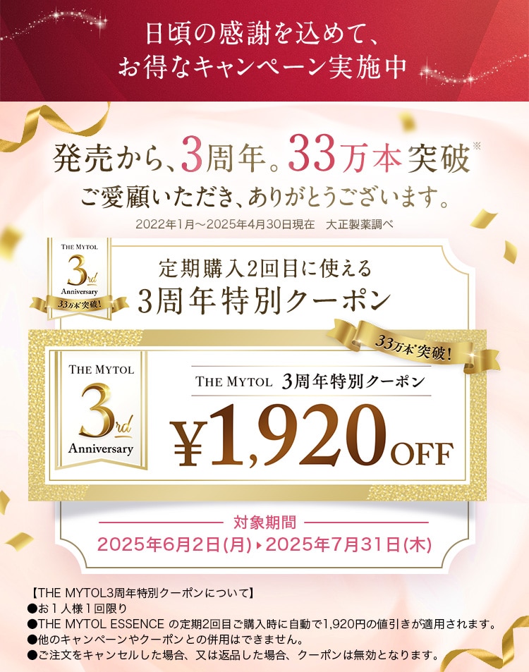 発売から、3周年。33万本突破※ ご愛顧いただき、ありがとうございます。 2022年1月～2025年4月30日現在 大正製薬調べ 定期購入2回目に使える3周年特別クーポン THE MYTOL 3周年特別クーポン ￥1,920OFF 対象期間 2025年6月2日(月)  2025年7月31日(木) 【THE MYTOL3周年特別クーポンについて】 ●お1人様1回限り ●THE MYTOL ESSENCE の定期2回目ご購入時に自動で1,920円の値引きが適用されます。 ●他のキャンペーンやクーポンとの併用はできません。 ●ご注文をキャンセルした場合、又は返品した場合、クーポンは無効となります。