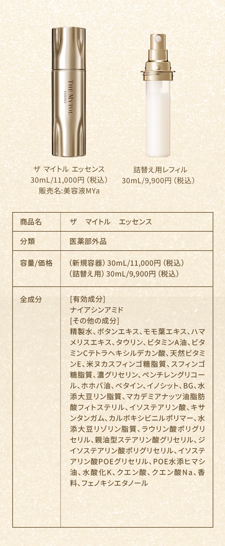 ザ マイトル エッセンス 30mL/11,000円（税込） 販売名:美容液MYa 詰替え用レフィル 30mL/9,900円（税込） 商品名 ザ マイトル エッセンス 分類 医薬部外品 容量/価格 （新規容器）30mL/11,000円（税込） （詰替え用）30mL/9,900円（税込） 全成分 [有効成分]
        ナイアシンアミド [その他の成分] 精製水、ボタンエキス、モモ葉エキス、ハマメリスエキス、タウリン、ビタミンA油、ビタミンCテトラヘキシルデカン酸、天然ビタミンE、米ヌカスフィンゴ糖脂質、スフィンゴ糖脂質、濃グリセリン、ペンチレングリコール、ホホバ油、ベタイン、イノシット、BG、水添大豆リン脂質、マカデミアナッツ油脂肪酸フィトステリル、イソステアリン酸、キサンタンガム、カルボキシビニルポリマー、水添大豆リゾリン脂質、ラウリン酸ポリグリセリル、親油型ステアリン酸グリセリル、ジイソステアリン酸ポリグリセリル、イソステアリン酸POEグリセリル、POE水添ヒマシ油、水酸化K、クエン酸、クエン酸Na、香料、フェノキシエタノール