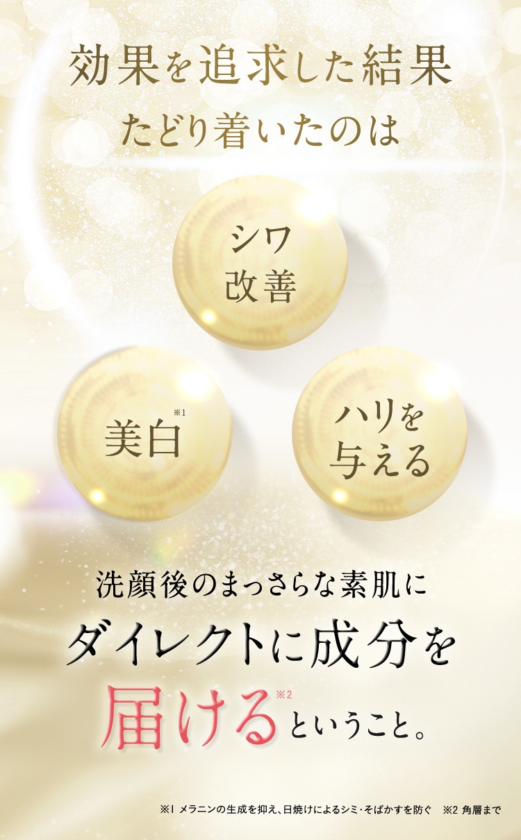 効果を追求した結果たどり着いたのは洗顔後のまっさらな素肌にダイレクトに成分を届けるということ。