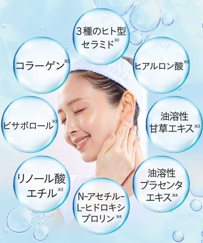3種のヒト型セラミド*1 ヒアルロン酸*2 油溶性甘草エキス*3 油溶性プラセンタエキス*4 N-アセチル-L-ヒドロキシプロリン*4 リノール酸エチル*3 ビサボロール*3 コラーゲン*2 *1保湿成分:セラミド2、ステアロイルフィルとスフィンゴシン、ヒドロキシステアリルフィトスフィンゴシン *2保湿成分 *3整肌成分 *4ハリ付与成分