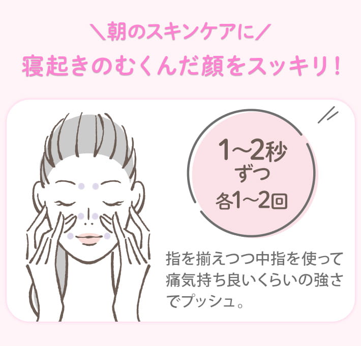 寝起きのむくんだ顔をスッキリ 朝のスキンケアに 1~2秒ずつ各1~2回 指を揃えつつ中指を使って痛気持ち良いくらいの強さでプッシュ。