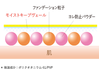 モイストキープヴェール ファンデーション粒子 ヨレ防止パウダー 肌 断面画像　＊保湿成分：ポリクオタニウム-51/PVP