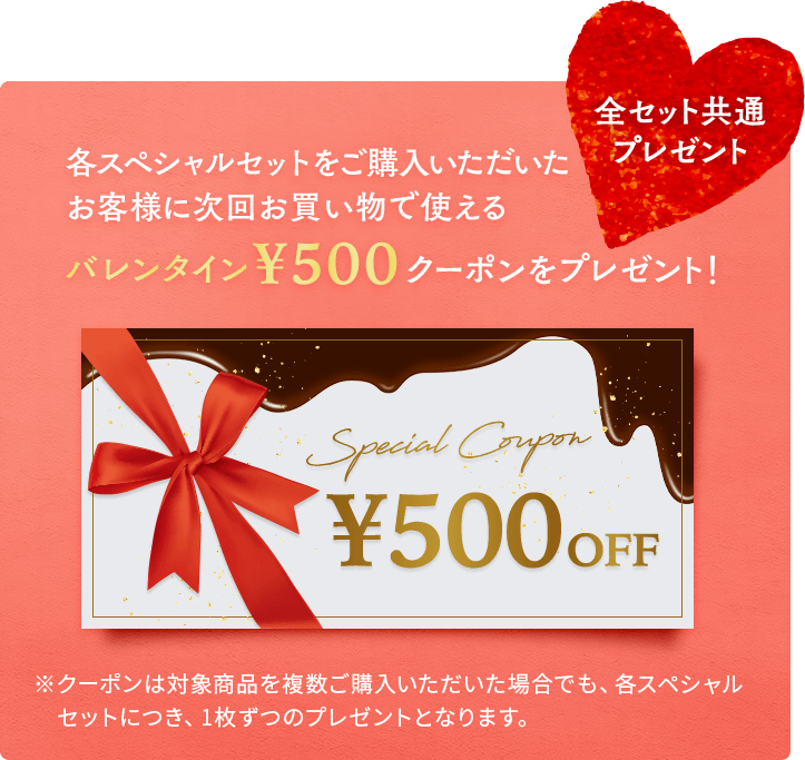 全セット共通プレゼント 各スペシャルセットをご購入いただいたお客様に、次回お買い物で使えるバレンタイン500円クーポンをプレゼント！