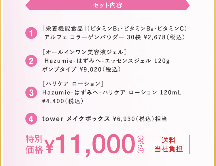 セット内容 ［栄養機能食品］（ビタミンB2・ビタミンB6・ビタミンC）アルフェ コラーゲンパウダー 30袋 2.［オールインワン美容液ジェル］ Hazumie-はずみへ-エッセンスジェル 120g ポンプタイプ 3.［ハリケア ローション］Hazumie-はずみへ-ハリケア ローション 120mL 4.tower メイクボックス