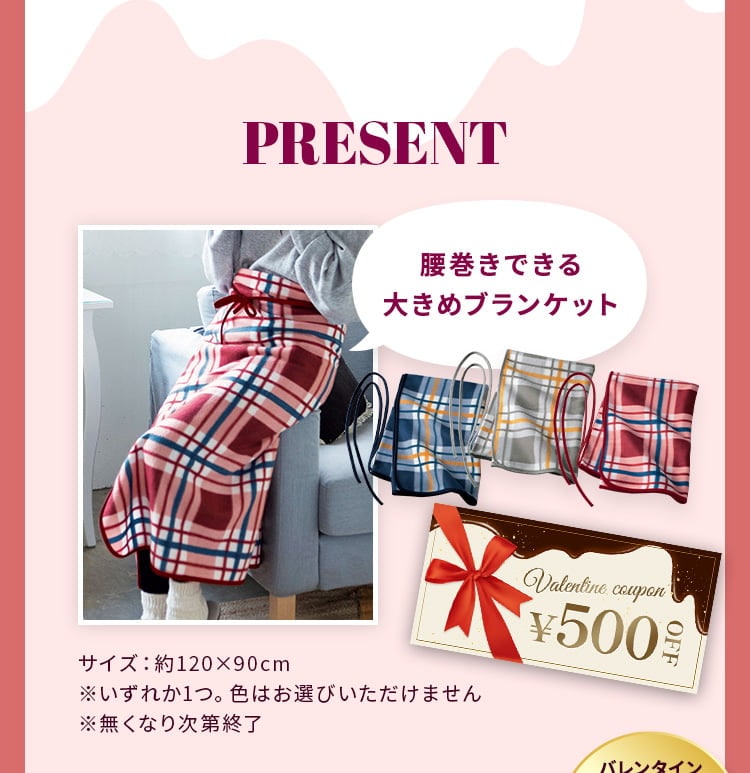 PRESENT 腰巻きできる大きめブランケット サイズ：約120×90cm ※いずれか1つ。色はお選びいただけません ※無くなり次第終了