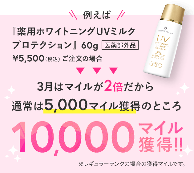 例えば、『薬用ホワイトニングUVミルク プロテクション』5,500円(税込)ご注文の場合、3月はマイルが2倍だから通常は5,000マイル獲得のところ10,000マイル獲得！！ ※レギュラーランクの場合の獲得マイルです。