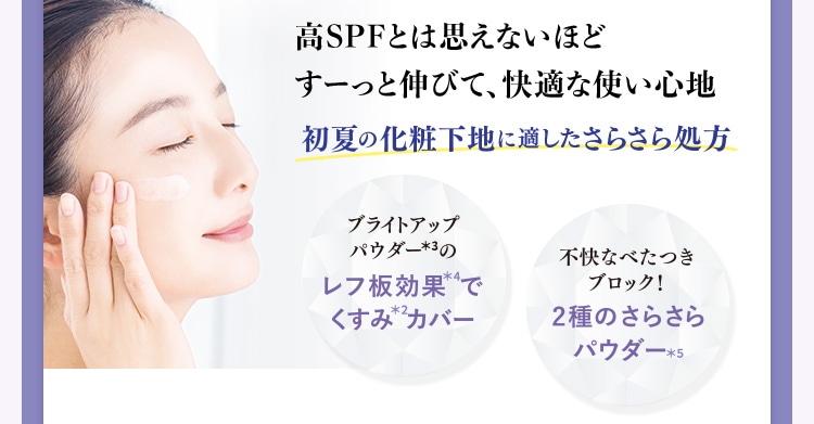 高SPFとは思えないほどすーっと伸びて、快適な使い心地 初夏の化粧下地に最適なさらさら処方 ブライトアップパウダー*3のレフ板効果*4でくすみ*2カバー 不快なべたつきブロック!2種のさらさらパウダー*5