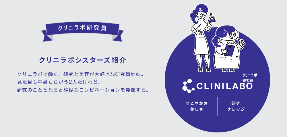 クリニラボ研究員 クリニラボシスターズ紹介 クリニラボで働く、研究と美容が大好きな研究員姉妹。見た目も中身もちがう2人だけれど、研究のこととなると絶妙なコンビネーションを発揮する。