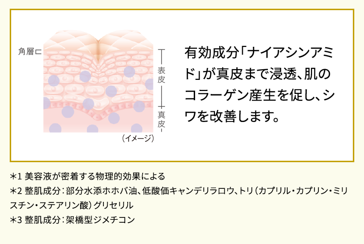 有効成分「ナイアシンアミド」が真皮まで浸透*5、肌のコラーゲン産生を促し、シワを改善します。