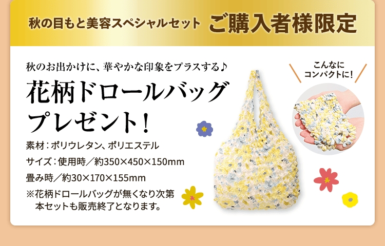 秋の目もと美容スペシャルセット ご購入者様限定 秋のお出かけに、華やかな印象をプラスする♪花柄ドロールバッグプレゼント!素材:ポリウレタン、ポリエステル サイズ:使用時/約350×450×150mm 畳み時/約30×170×155mm こんなにコンパクトに! ※無くなり次第終了。