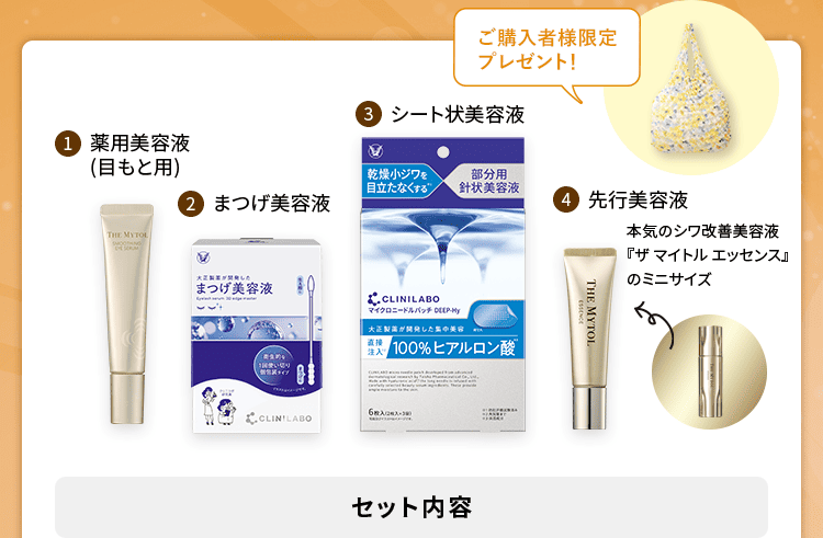 1.薬用美容液(目もと用)2.まつげ美容液 3.シート状美容液 4.先行美容液 本気のシワ改善美容液『ザ マイトル エッセンス』のミニサイズ ご購入者様限定プレゼント! セット内容