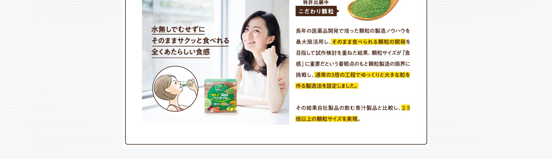 水無しでむせずにそのままサクッと食べれる全くあたらしい食感 こだわり顆粒 特許出願中 長年の医薬品開発で培った顆粒の製造ノウハウを最大限活用し、そのまま食べられる顆粒の開発を目指して試作検討を重ねた結果、顆粒サイズが「食感」に重要だという着眼点のもと顆粒製造の限界に挑戦し、通常の3倍の工程でゆっくりと大きな粒を作る製造法を設定しました。その結果自社製品の飲む青汁製品と比較し、2.5倍以上の顆粒サイズを実現。