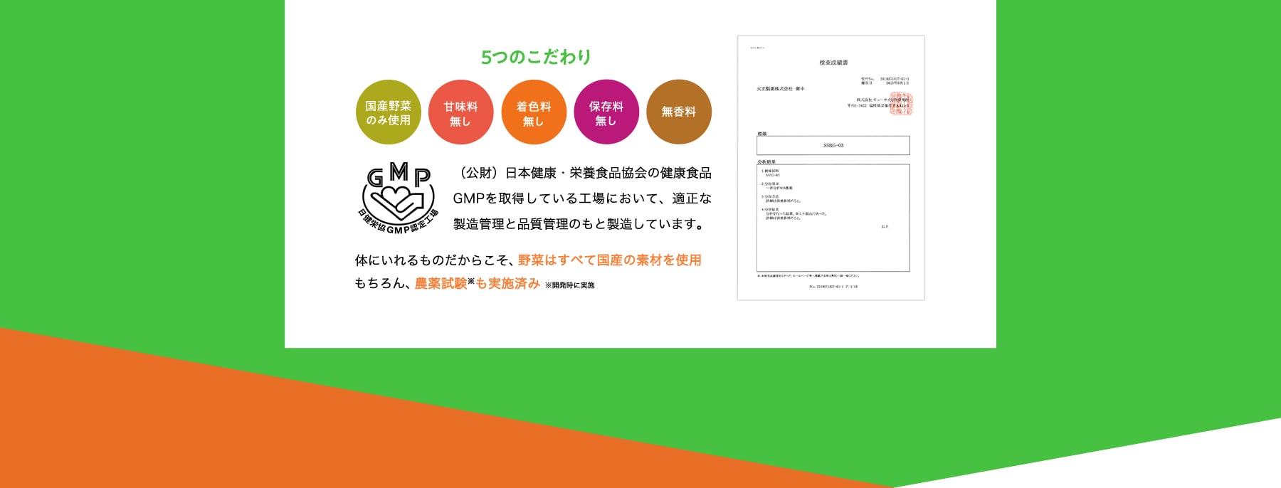5つのこだわり 国産野菜のみ使用 甘味料無し 着色料無し 保存料無し 無香料 (公財)日本健康・栄養食品協会の健康食品GMPを取得している工場において、適正な製造管理と品質管理のもと製造しています。体にいれるものだからこそ、野菜はすべて国産の素材を使用 もちろん、農薬試験も実施済み